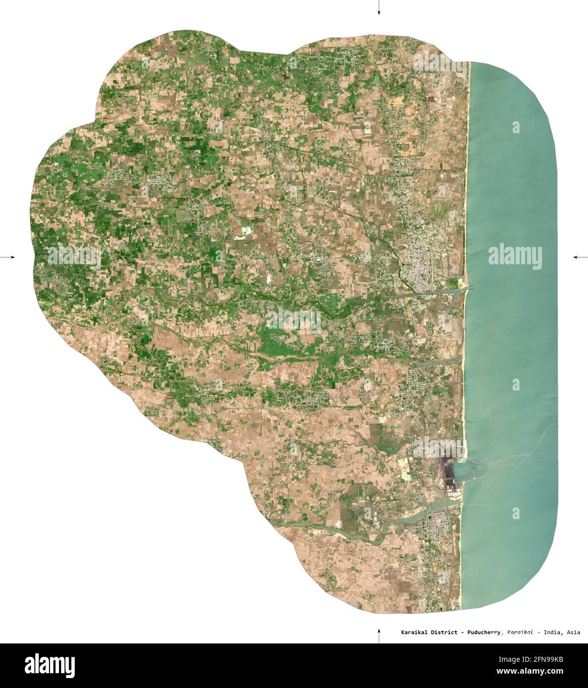 Karaikal District - Puducherry, district of the union territory of India. Sentinel-2 satellite imagery. Shape isolated on white. Description, location Stock Photo