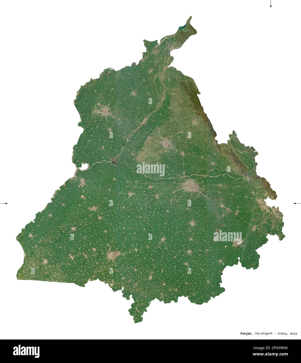 Punjab, state of India. Sentinel-2 satellite imagery. Shape isolated on white. Description, location of the capital. Contains modified Copernicus Sent Stock Photo