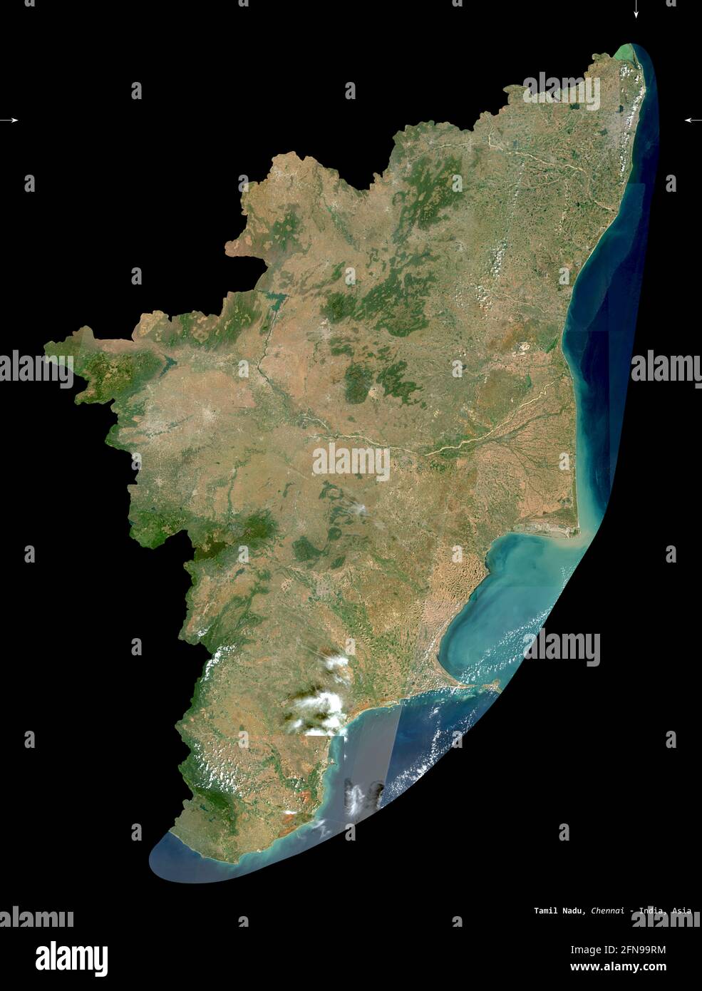 Tamil Nadu, state of India. Sentinel-2 satellite imagery. Shape isolated on black. Description, location of the capital. Contains modified Copernicus Stock Photo