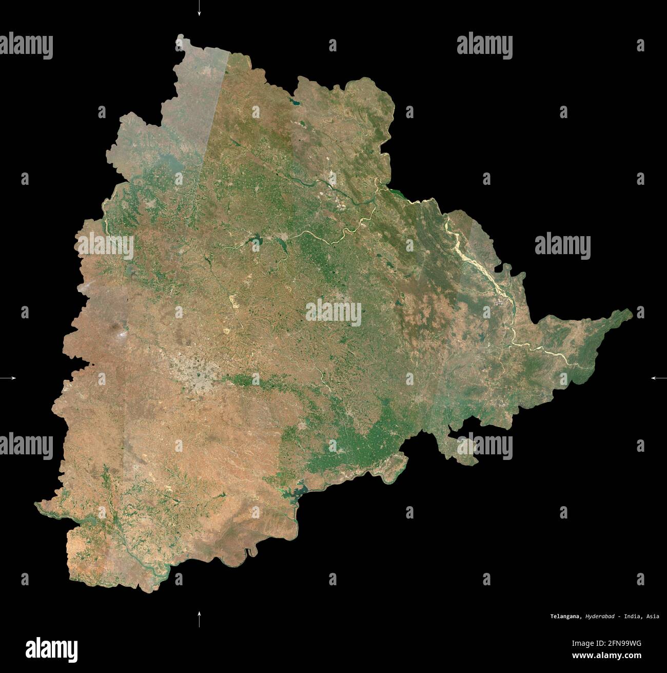Telangana, state of India. Sentinel-2 satellite imagery. Shape isolated on black. Description, location of the capital. Contains modified Copernicus S Stock Photo