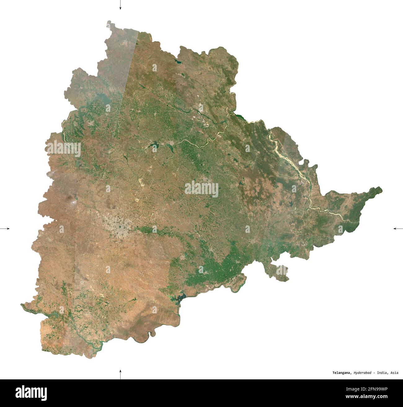 Telangana, state of India. Sentinel-2 satellite imagery. Shape isolated on white. Description, location of the capital. Contains modified Copernicus S Stock Photo