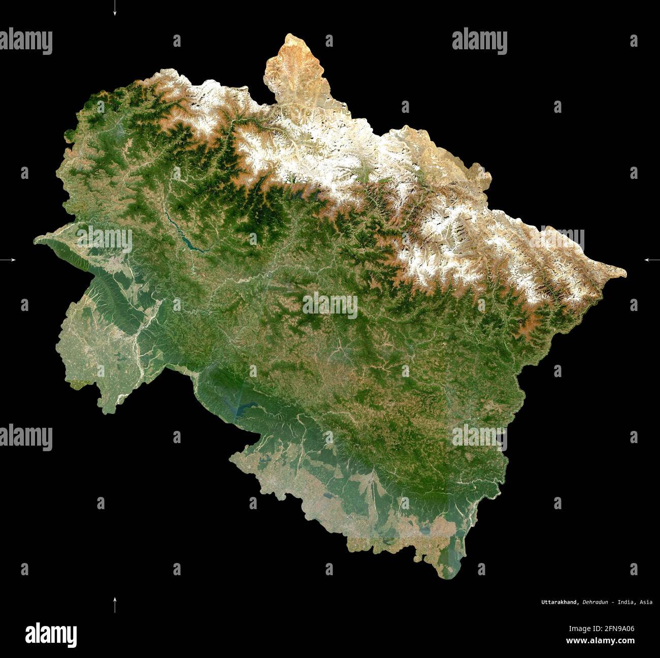 Uttarakhand, state of India. Sentinel-2 satellite imagery. Shape isolated on black. Description, location of the capital. Contains modified Copernicus Stock Photo