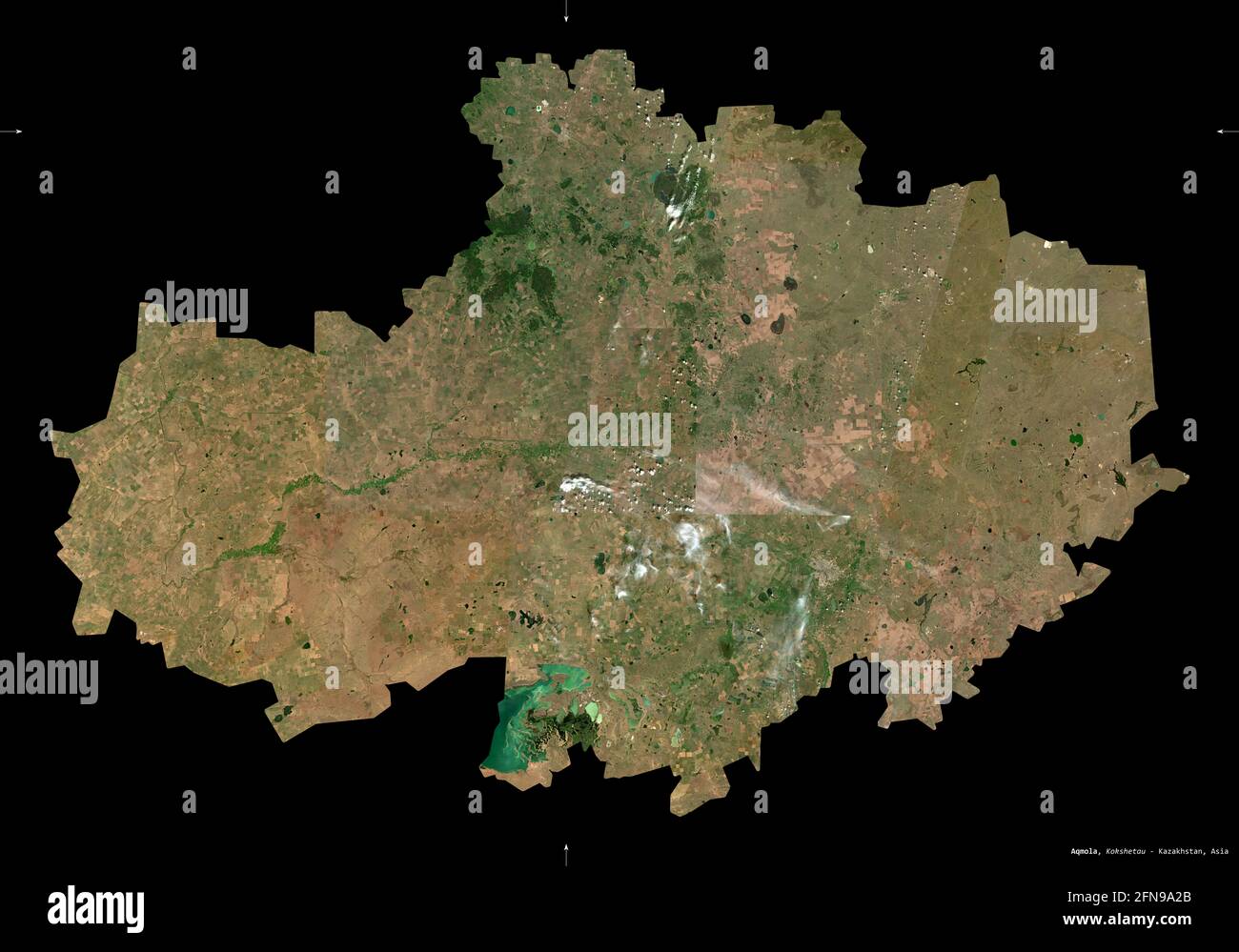 Aqmola, region of Kazakhstan. Sentinel-2 satellite imagery. Shape isolated on black. Description, location of the capital. Contains modified Copernicu Stock Photo