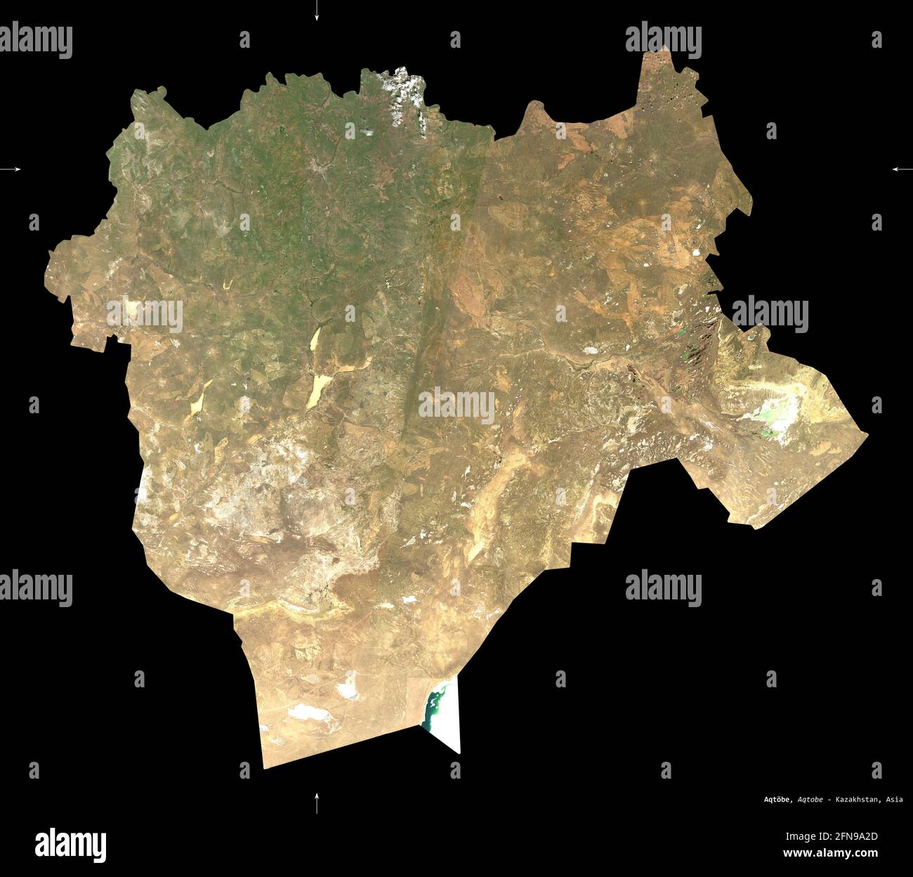 Aqtobe, region of Kazakhstan. Sentinel-2 satellite imagery. Shape isolated on black. Description, location of the capital. Contains modified Copernicu Stock Photo
