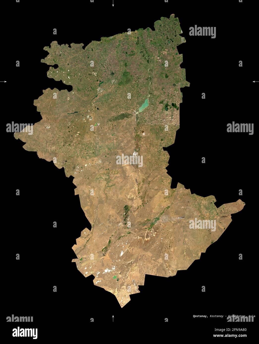 Qostanay, region of Kazakhstan. Sentinel-2 satellite imagery. Shape isolated on black. Description, location of the capital. Contains modified Coperni Stock Photo