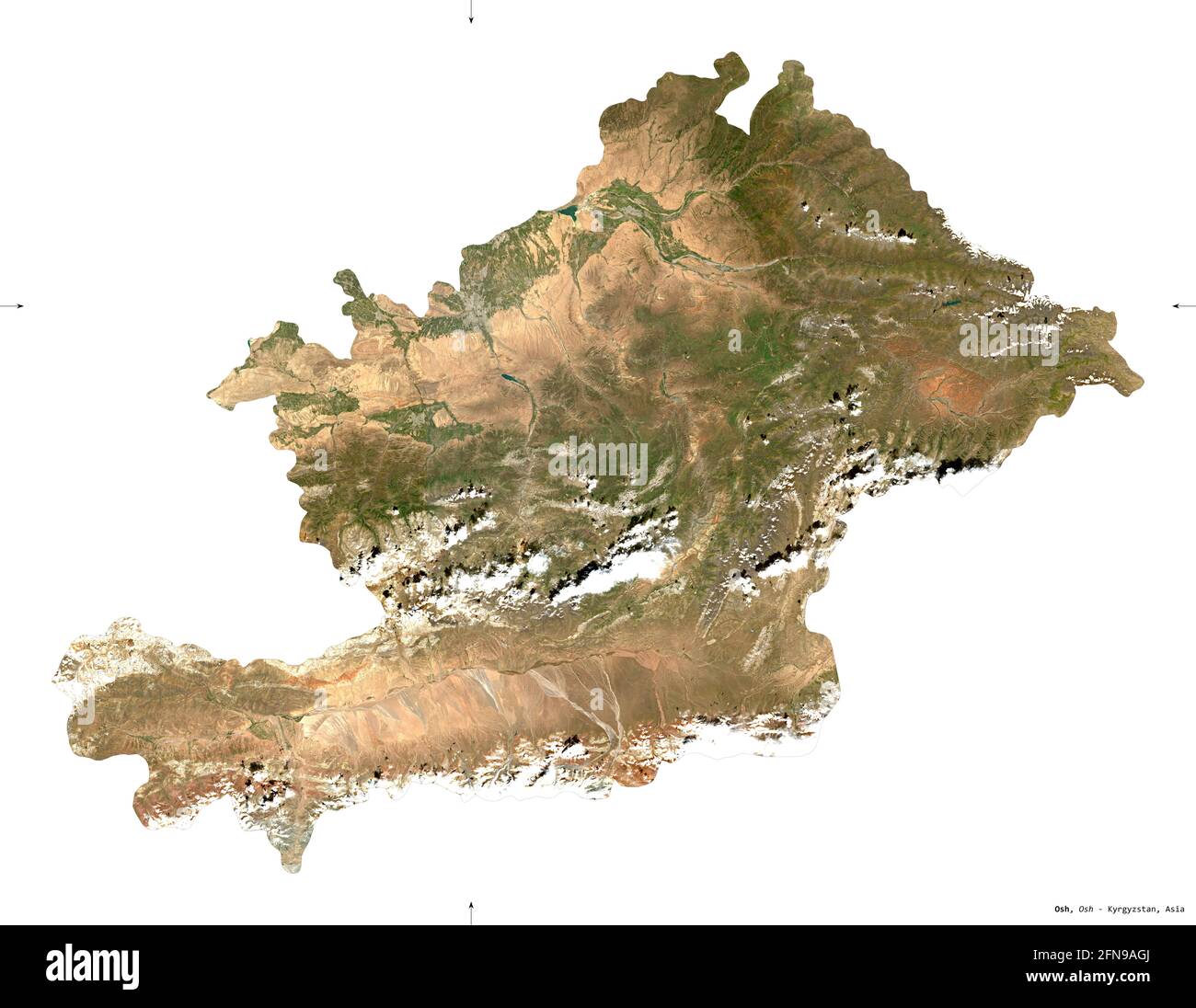 Osh, city of Kyrgyzstan. Sentinel-2 satellite imagery. Shape isolated on white. Description, location of the capital. Contains modified Copernicus Sen Stock Photo