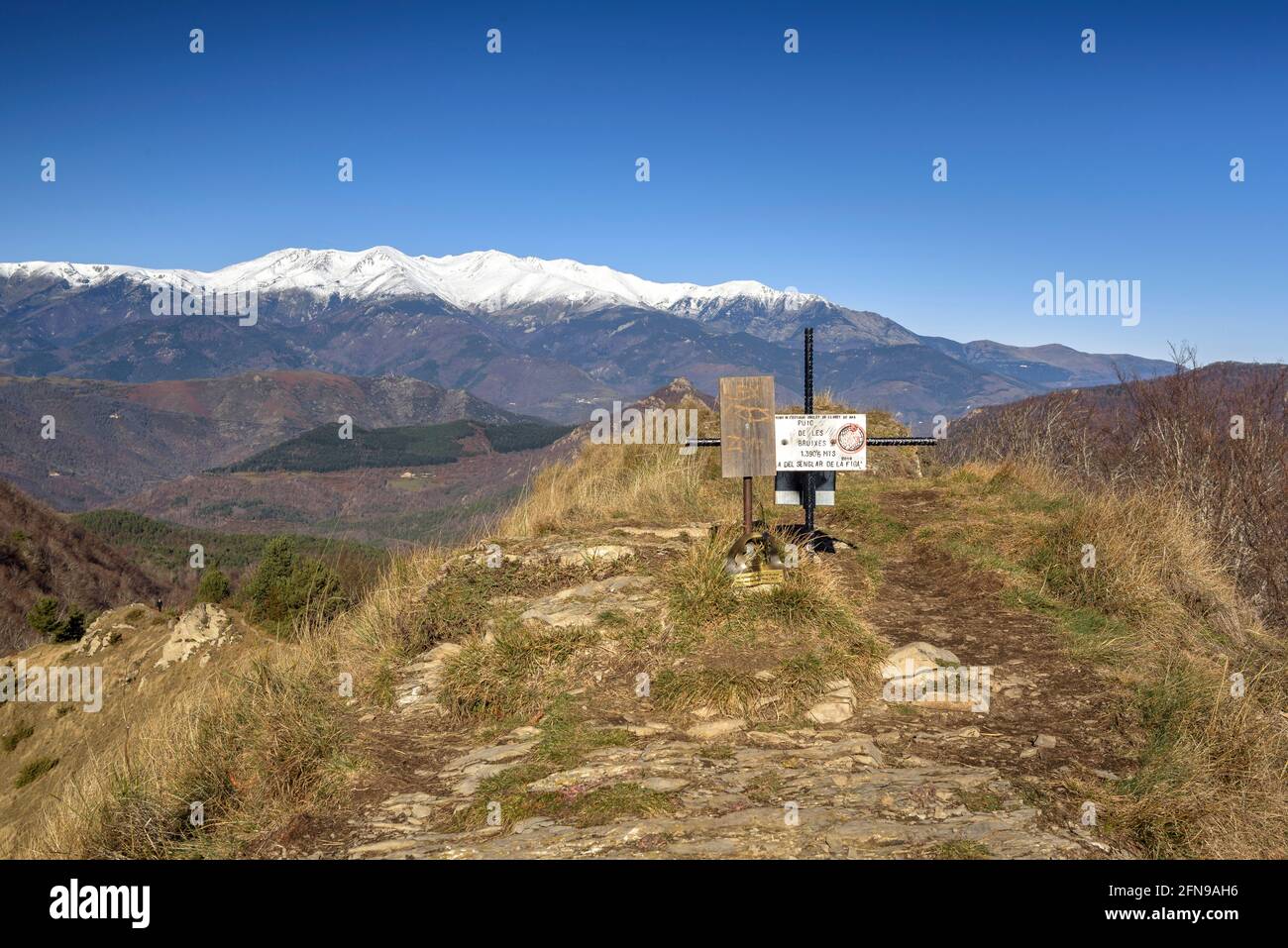 Views from the summit of Puig de les Bruixes. Looking towards the Canigou peak and the Pyrenees (Garrotxa, Catalonia, Spain, Pyrenees) Stock Photo