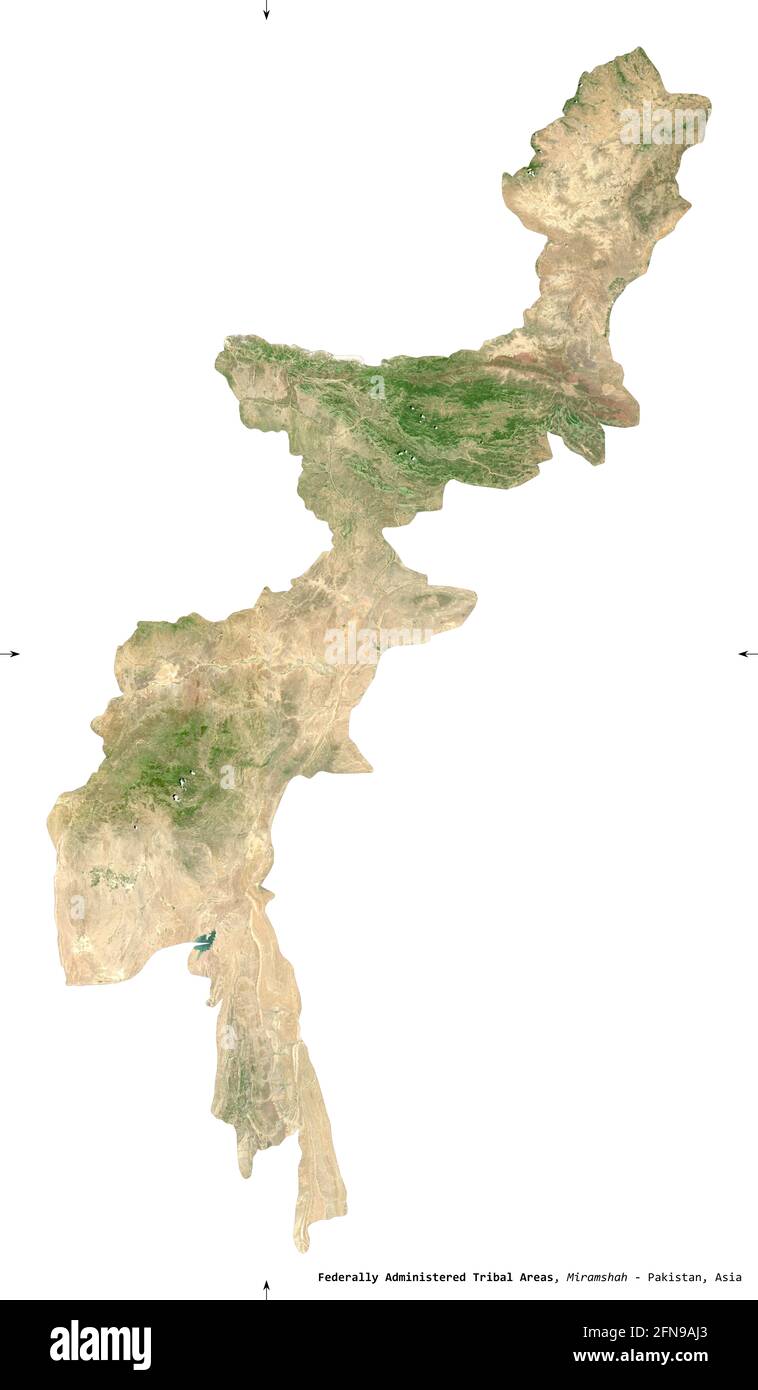 Federally Administered Tribal Areas, territory of Pakistan. Sentinel-2 satellite imagery. Shape isolated on white. Description, location of the capita Stock Photo