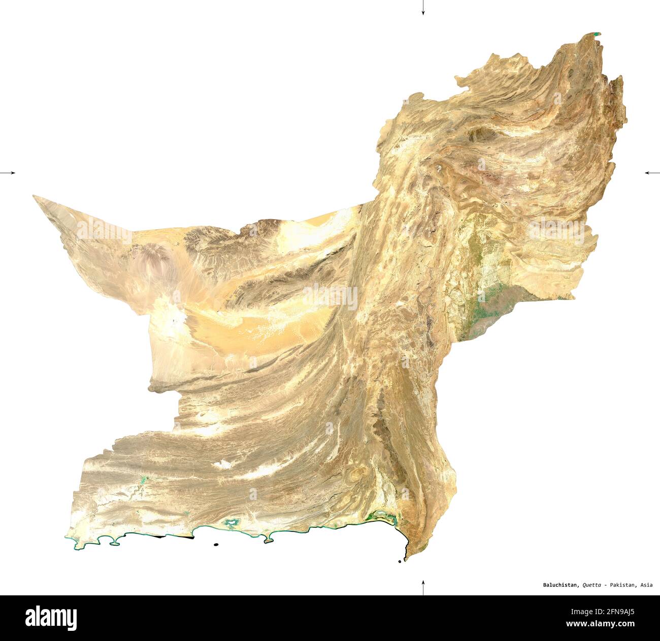 Baluchistan, province of Pakistan. Sentinel-2 satellite imagery. Shape isolated on white. Description, location of the capital. Contains modified Cope Stock Photo