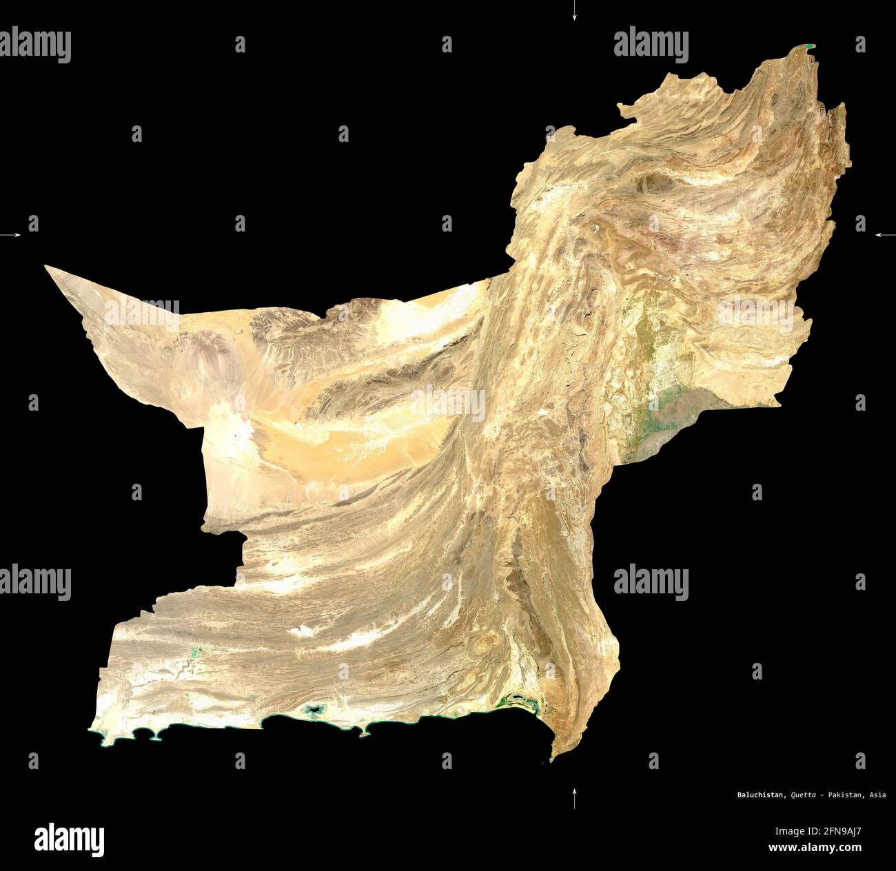 Baluchistan, province of Pakistan. Sentinel-2 satellite imagery. Shape isolated on black. Description, location of the capital. Contains modified Cope Stock Photo
