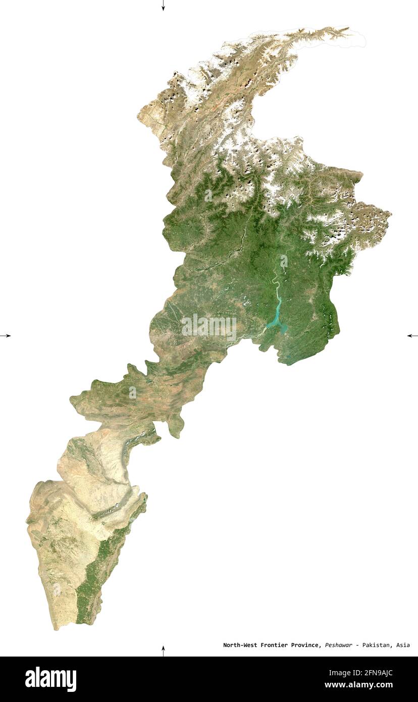 North-West Frontier Province, province of Pakistan. Sentinel-2 satellite imagery. Shape isolated on white. Description, location of the capital. Conta Stock Photo