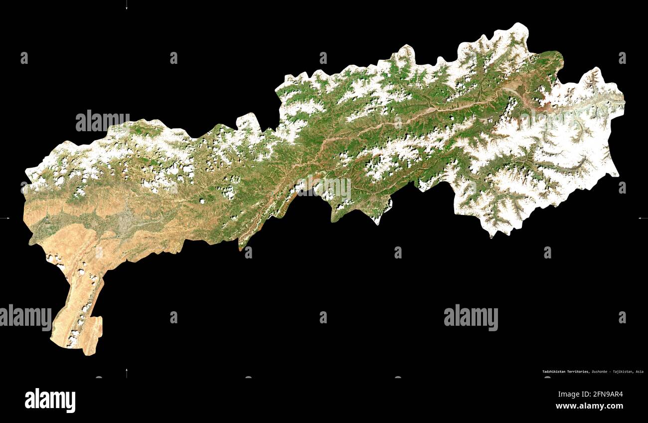 Tadzhikistan Territories, region of Tajikistan. Sentinel-2 satellite imagery. Shape isolated on black. Description, location of the capital. Contains Stock Photo