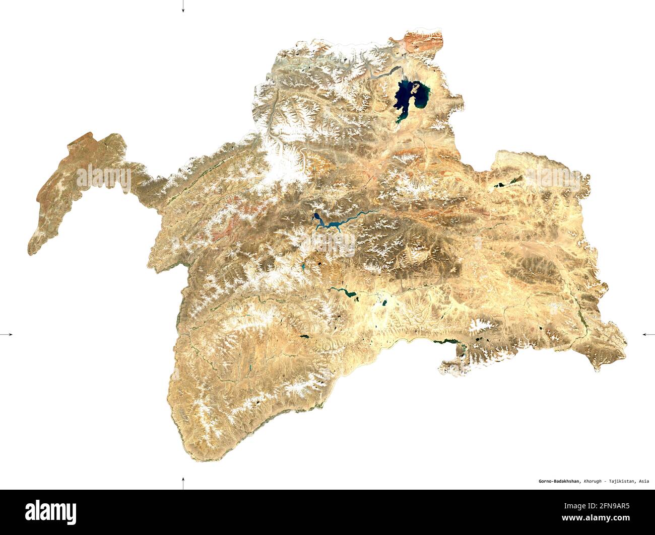 Gorno-Badakhshan, region of Tajikistan. Sentinel-2 satellite imagery. Shape isolated on white. Description, location of the capital. Contains modified Stock Photo