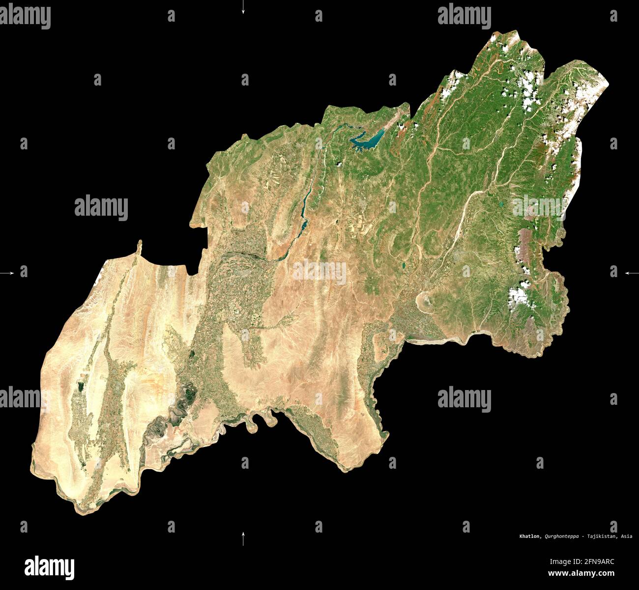 Khatlon, region of Tajikistan. Sentinel-2 satellite imagery. Shape isolated on black. Description, location of the capital. Contains modified Copernic Stock Photo