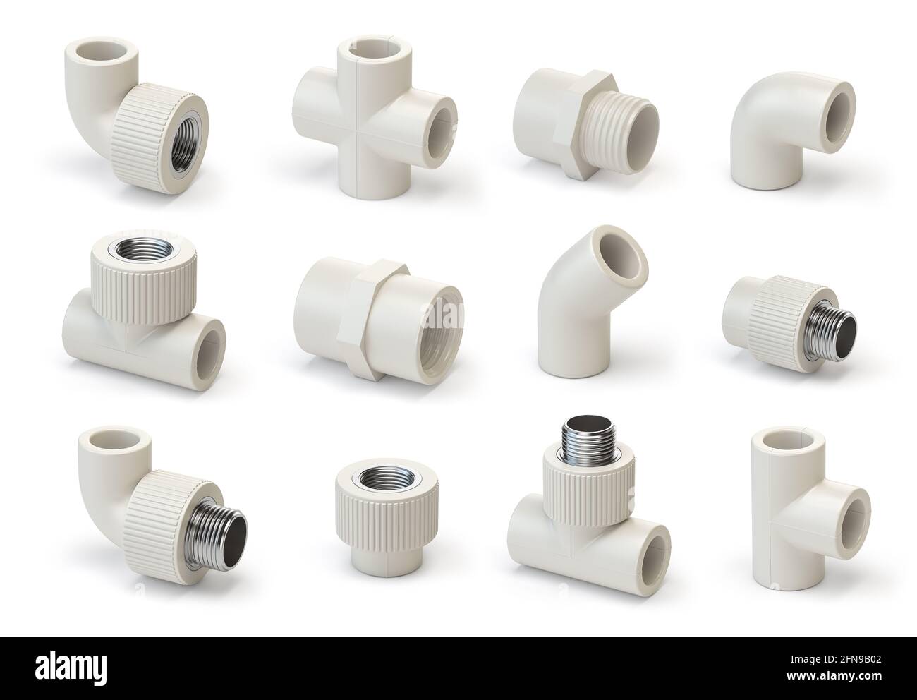 Set of PVC pipe fittings isolated on white. 3d illustration Stock Photo -  Alamy