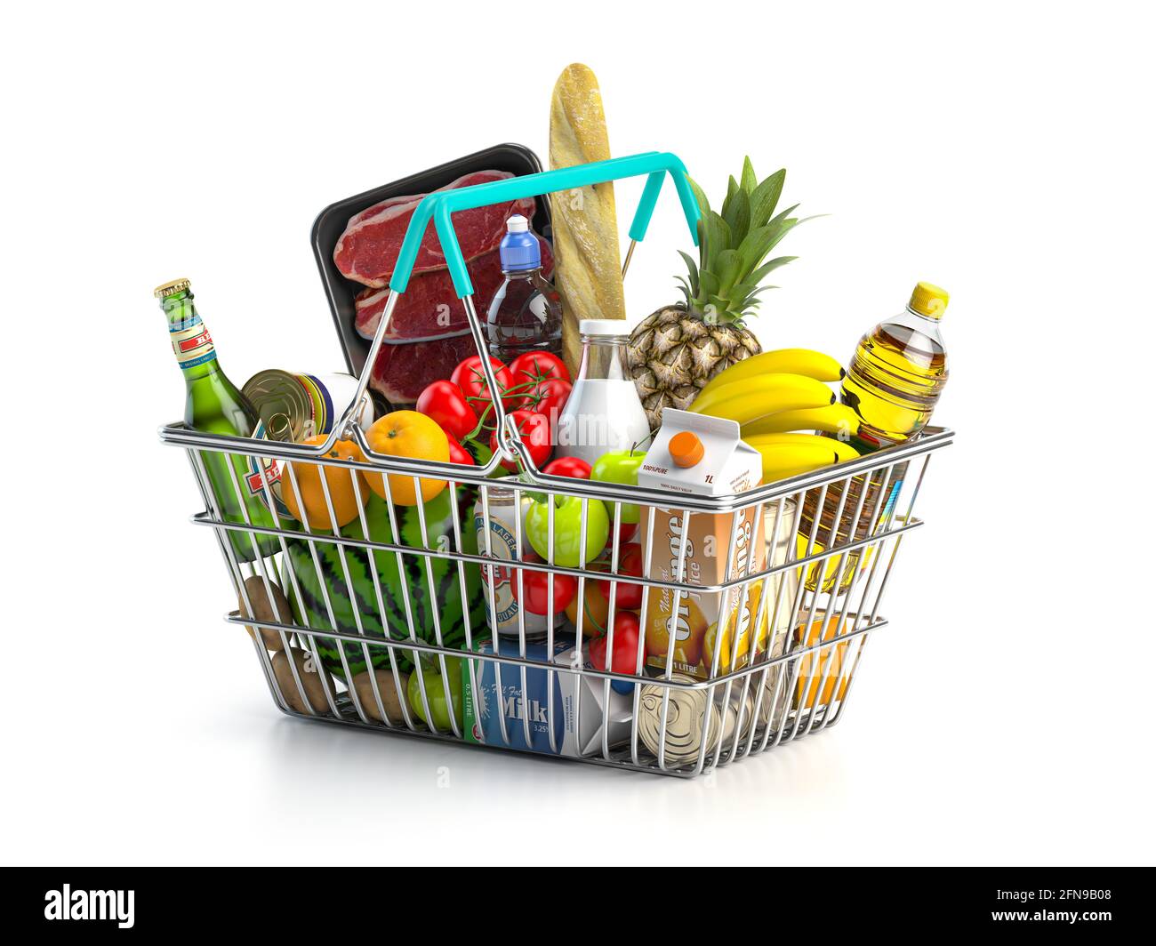 Shopping basket full of variety of grocery products, food and drink isolated on white background. 3d illustration Stock Photo