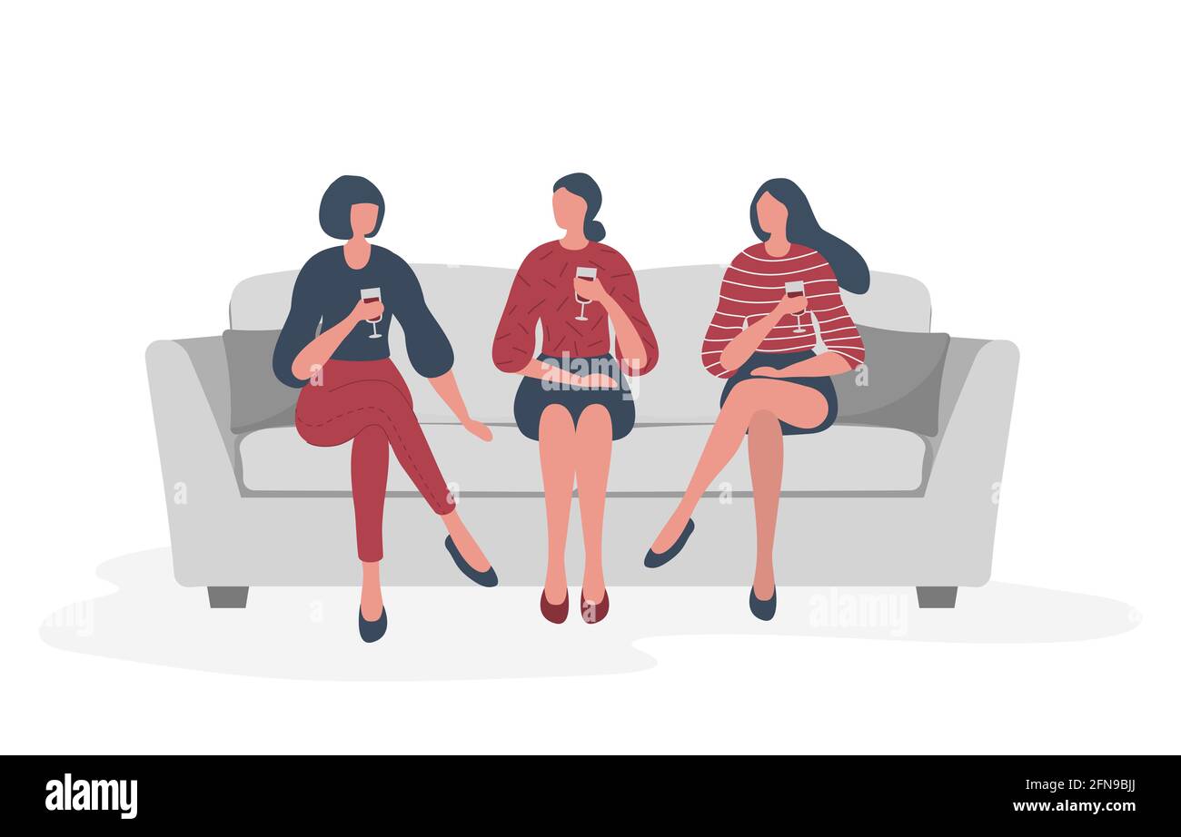 Young women are sitting on the sofa and drinking wine. Slumber party. Vector illustration Stock Vector