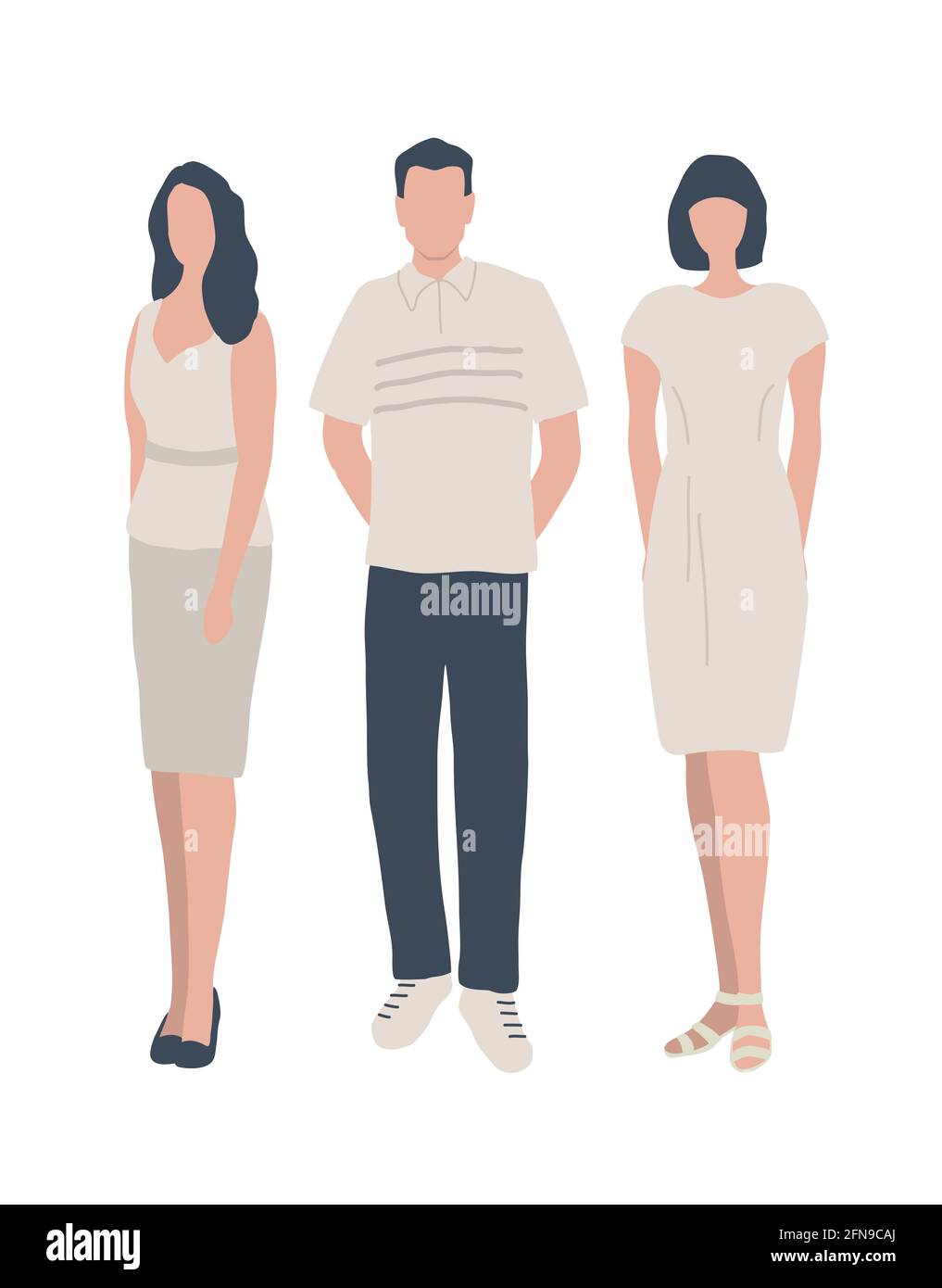 Group of young people. Three different images: clothing style, shoes, hairstyles. Silhouettes of man and women. Vector illustration in beige colors. Stock Vector