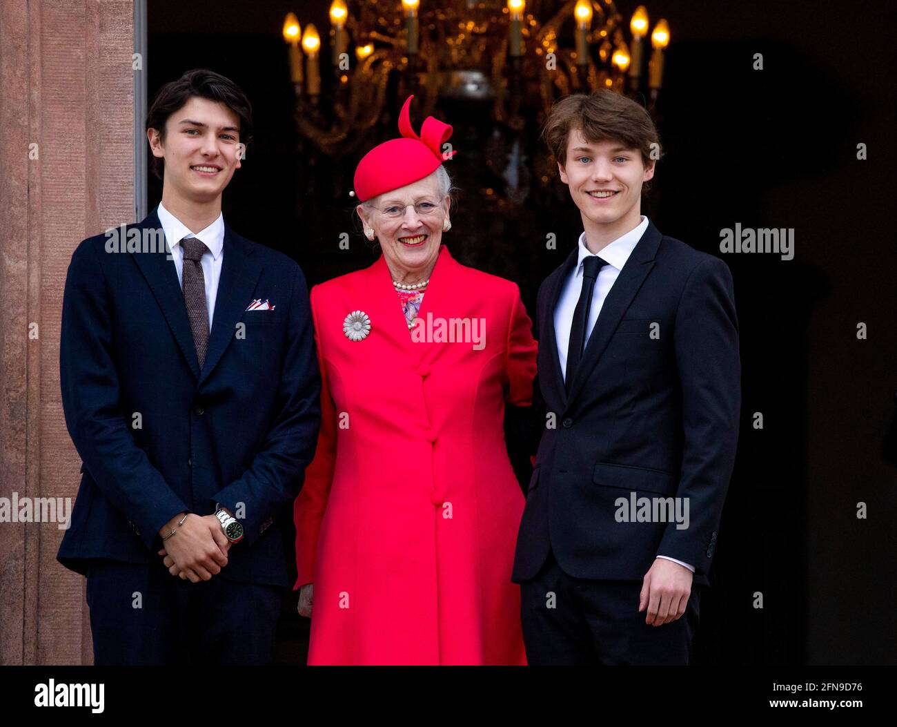Fredensborg, Denmark. May 15, 2021: Queen Margrethe and Prince Nikolai and  Prince Felix Danish royal family attend the confirmation ( Belijdenis) of  Prince Christian in Fredensborg castle church in Fredensborg, Denmark on