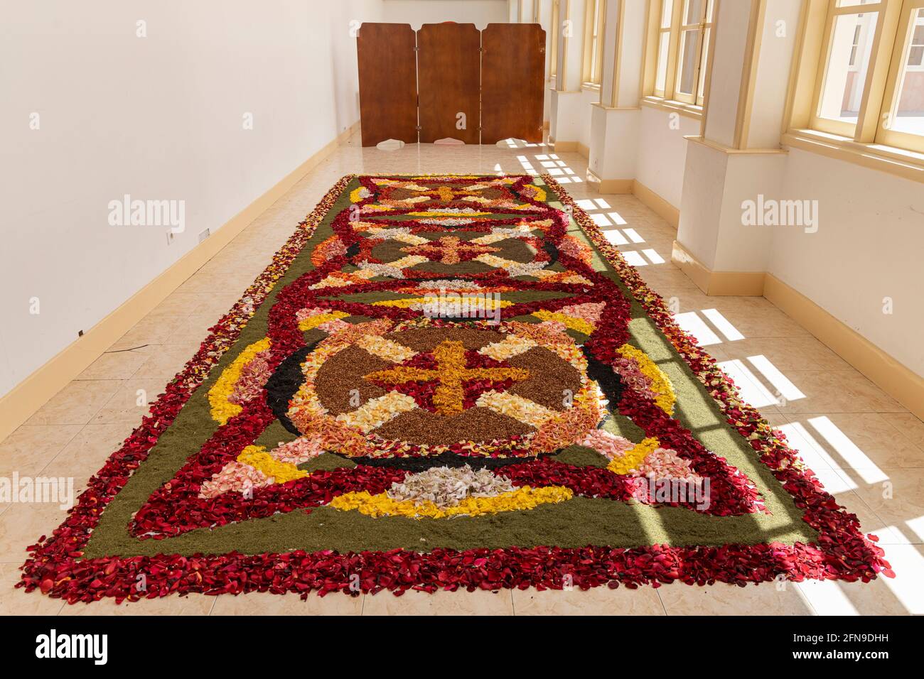 La Orotava, Tenerife, Canary Islands. 15 May 2021. Display in the Escuela Municipal de Alfombras. The Asociacion de Alfombristas, Association of Carpet Makers, who traditionally make flower carpets in the streets of the town to celebrate Corpus Christi make their carpets in courtyards and patios this year due to Covid 19 restrictions. Usually the streets of La Orotava are thronged with visitors to see the annual celebration but this year the crowds are not here, and there is a much reduced number of displays created. Stock Photo