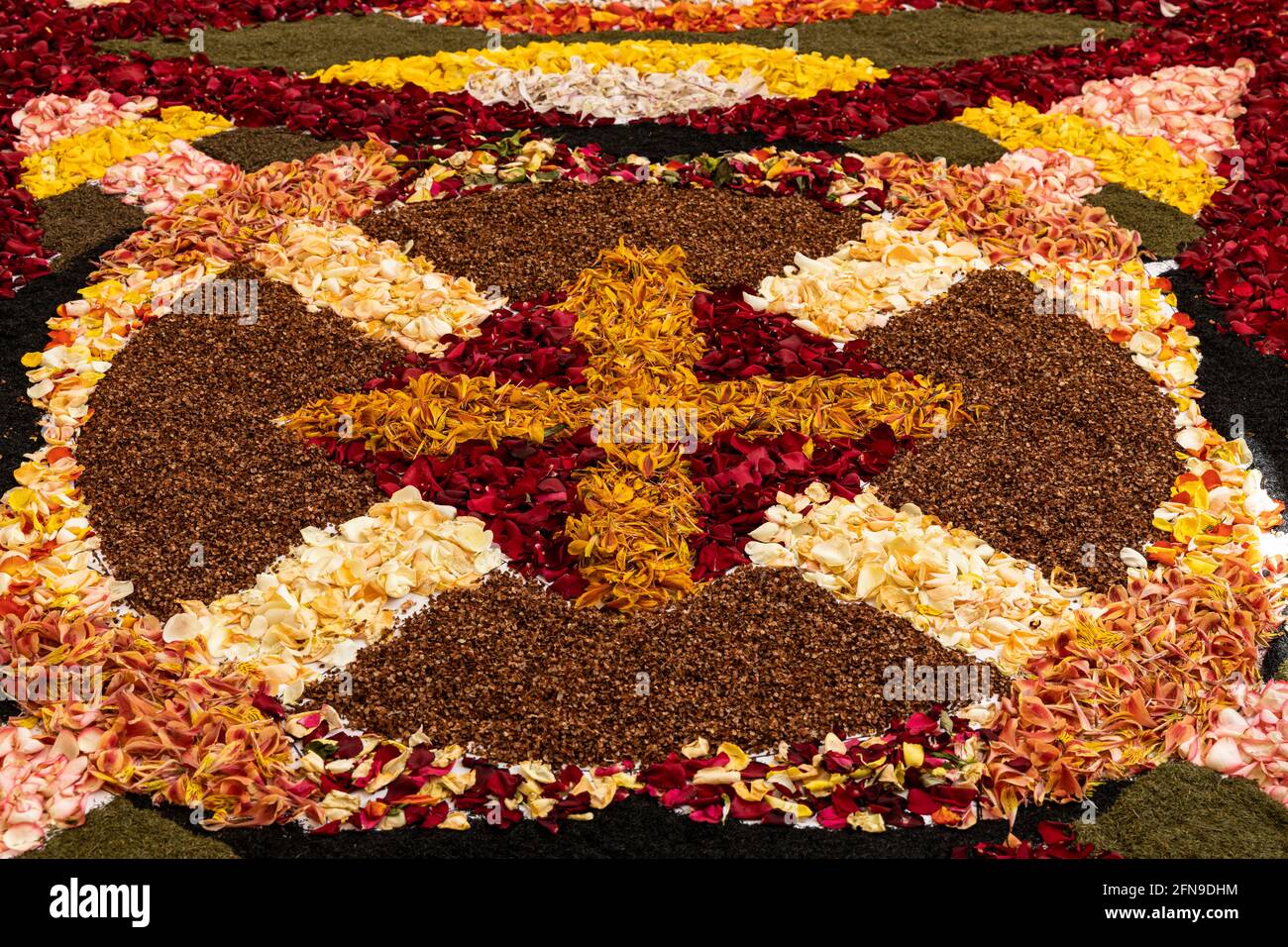 La Orotava, Tenerife, Canary Islands. 15 May 2021. Display in the Escuela Municipal de Alfombras. The Asociacion de Alfombristas, Association of Carpet Makers, who traditionally make flower carpets in the streets of the town to celebrate Corpus Christi make their carpets in courtyards and patios this year due to Covid 19 restrictions. Usually the streets of La Orotava are thronged with visitors to see the annual celebration but this year the crowds are not here, and there is a much reduced number of displays created. Stock Photo