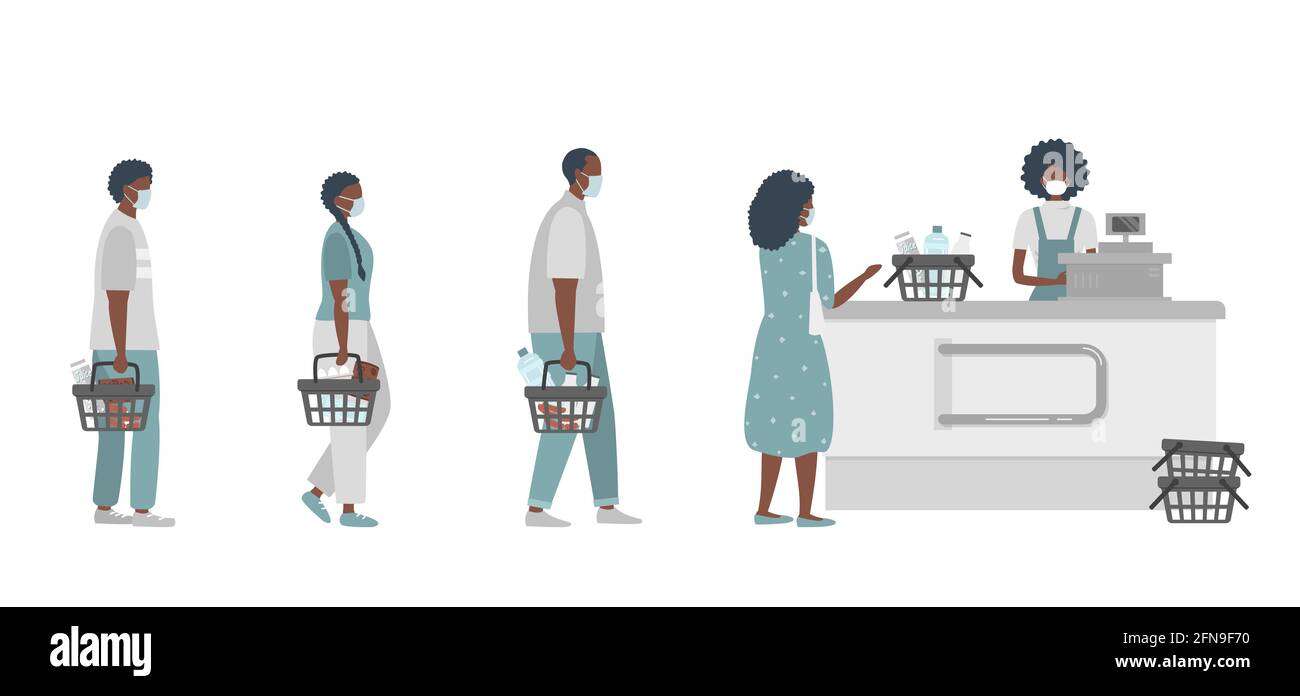 Supermarket during the coronavirus epidemic. Supermarket cashier in medical mask. Buyers wearing antivirus masks keep their distance in line Stock Vector