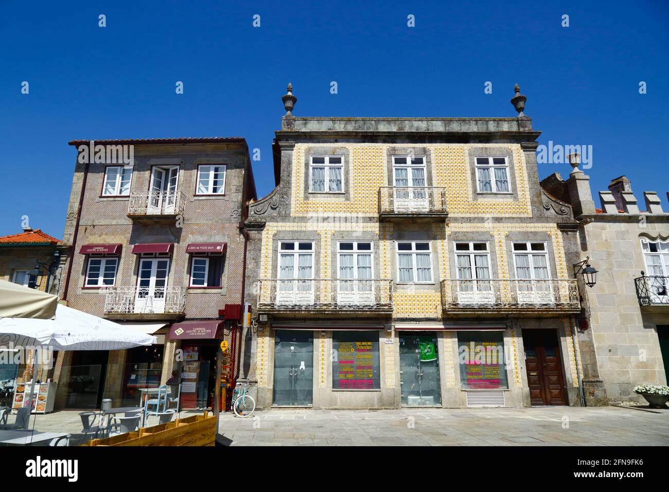 Buildings on Praça Conselheiro Silva Torres main square, Caminha, Minho Province, Portugal Stock Photo