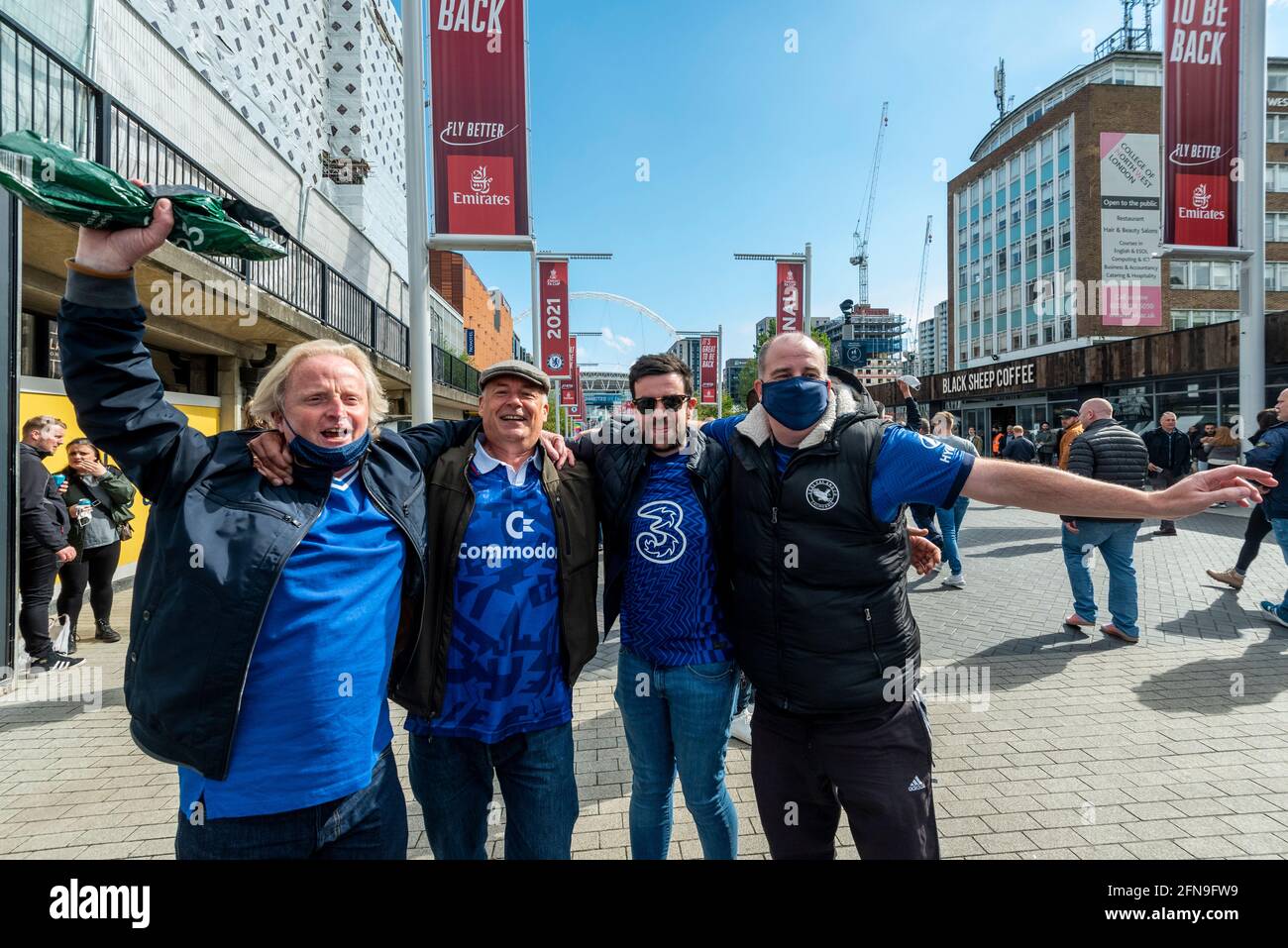 London, UK.  15 May 2021.  Chelsea fans arrive outside Wembley Stadium ahead of the FA Cup Final between Chelsea and Leicester City.  21,000 fans will attend the match, the most for over a year due to the ongoing coronavirus pandemic and this match will be another data collection exercise for the UK government as it moves to relax lockdown restrictions for major live events.  Credit: Stephen Chung / Alamy Live News Stock Photo