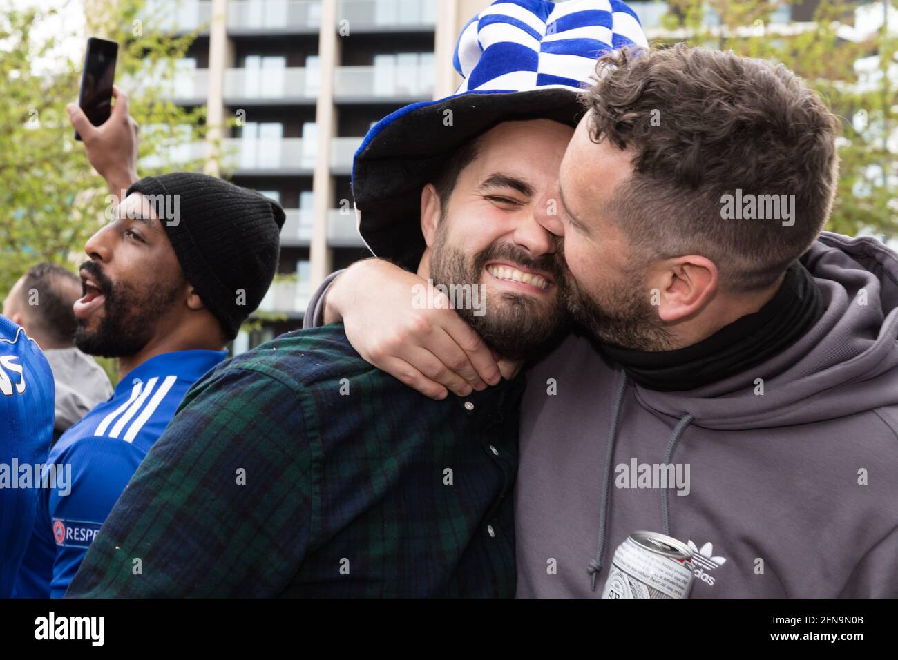 Wembley Stadium, Wembley Park, UK. 15th May, 2021. Leicester City supporters having fun pre match at Wembley ahead of the FA Cup Final 2021 against Chelsea at Wembley Stadium. Credit: amanda rose/Alamy Live News Stock Photo