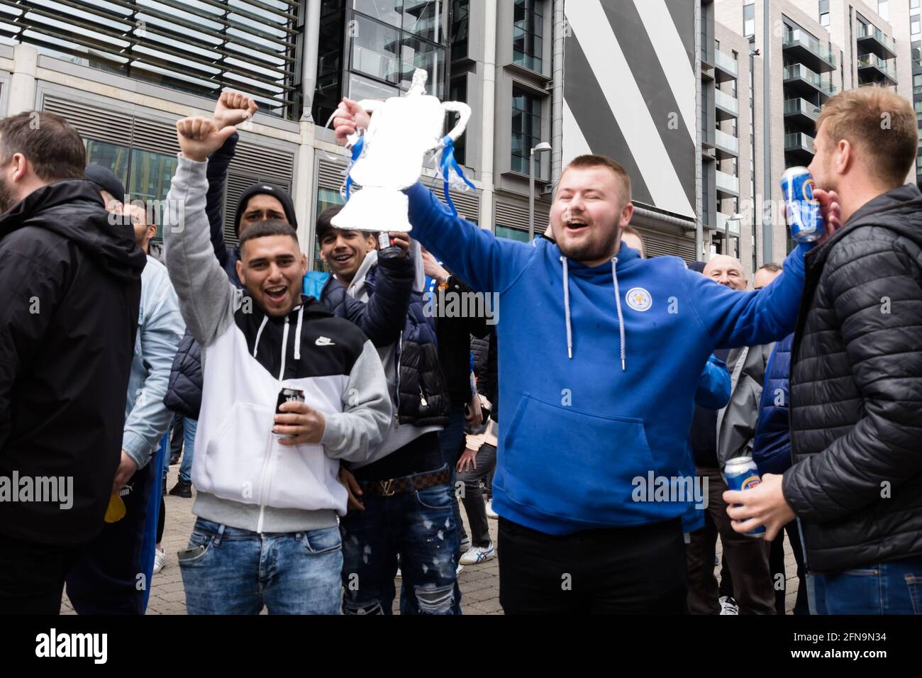 Wembley Stadium, Wembley Park, UK. 15th May, 2021. Leicester City supporters having fun pre match at Wembley ahead of the FA Cup Final 2021 against Chelsea at Wembley Stadium. Credit: amanda rose/Alamy Live News Stock Photo