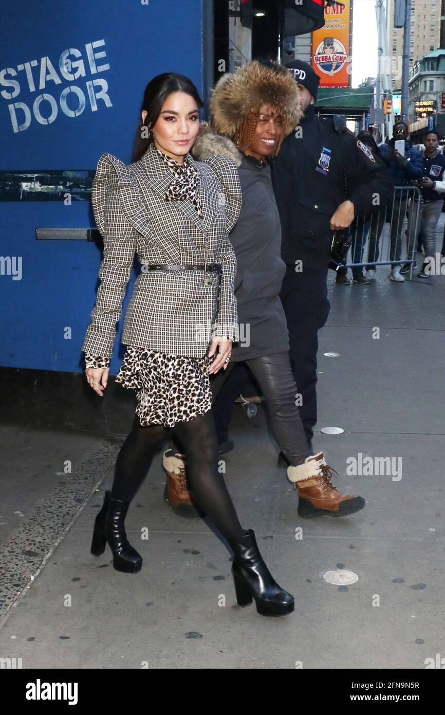 New York - NY - 20200117 Vanessa Hudgens seen wearing a checked blazer and  animal print skirt paired with black boots leaving Good Morning America.  -PICTURED: Vanessa Hudgens ROGER WONG Stock Photo - Alamy