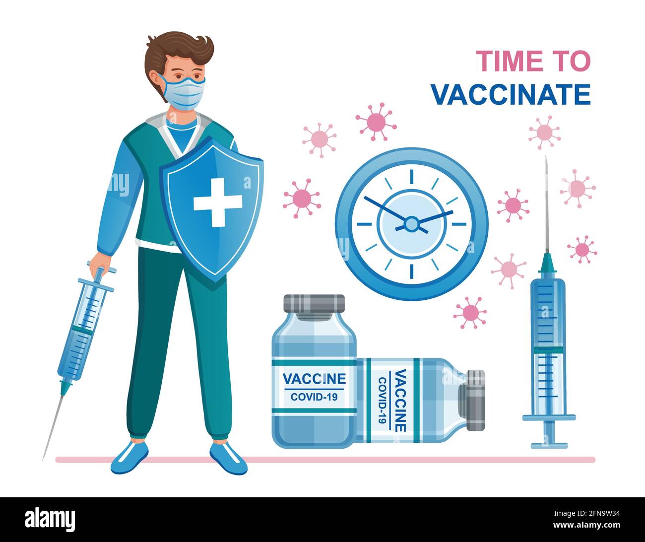 Time coronavirus vaccinate. Covid-19 vaccination. Doctor with syringe injection, shield. Vaccine dose vials. Fight spread virus. Immunization. Vector Stock Vector