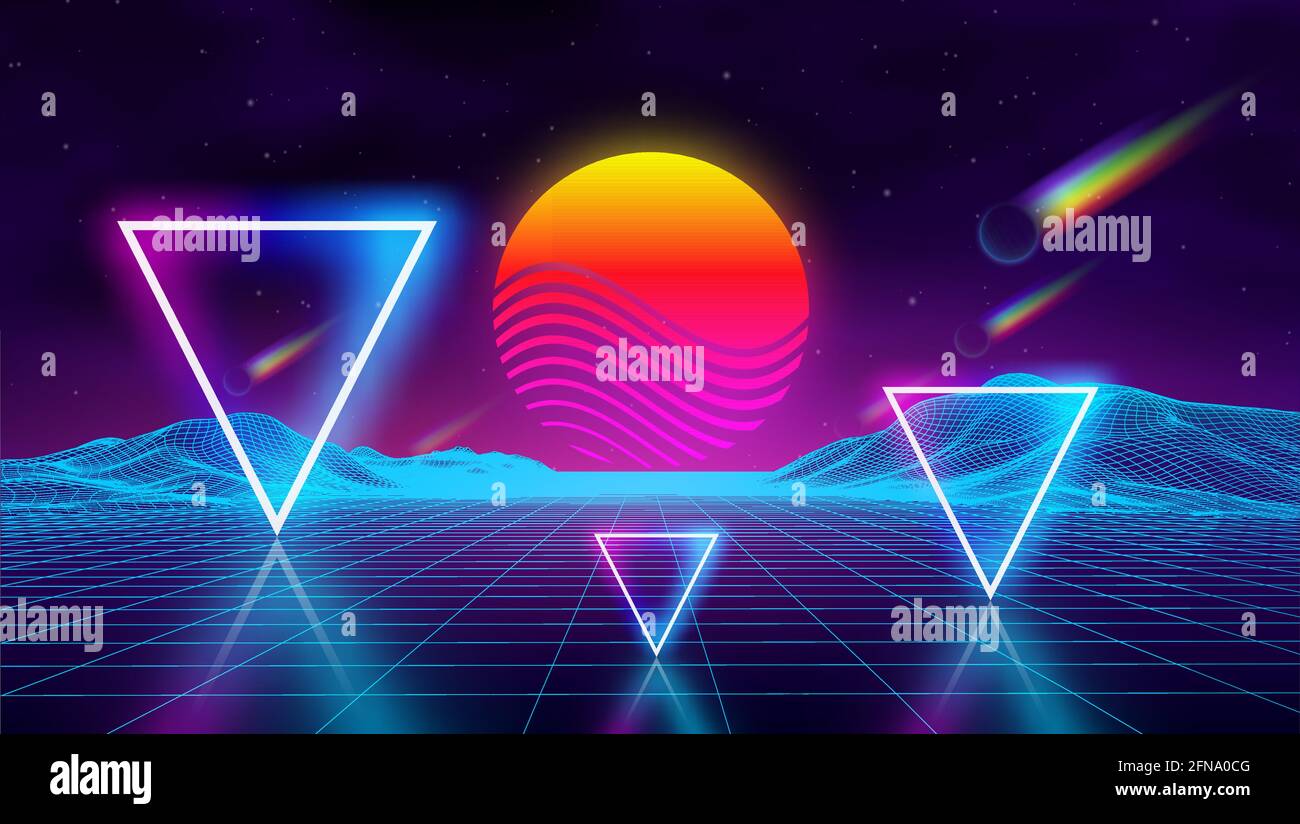 Synth wave retro city landscape background sunset 3d landscape with rainbow comets. Futuristic landscape 1980s style. Neon triangle synthwave digital Stock Vector