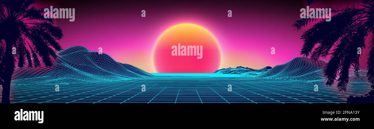 3d sunset on the beach. Retro palms vector sci fi background. Digital landscape cyber surface. 80s party background. Stock Vector