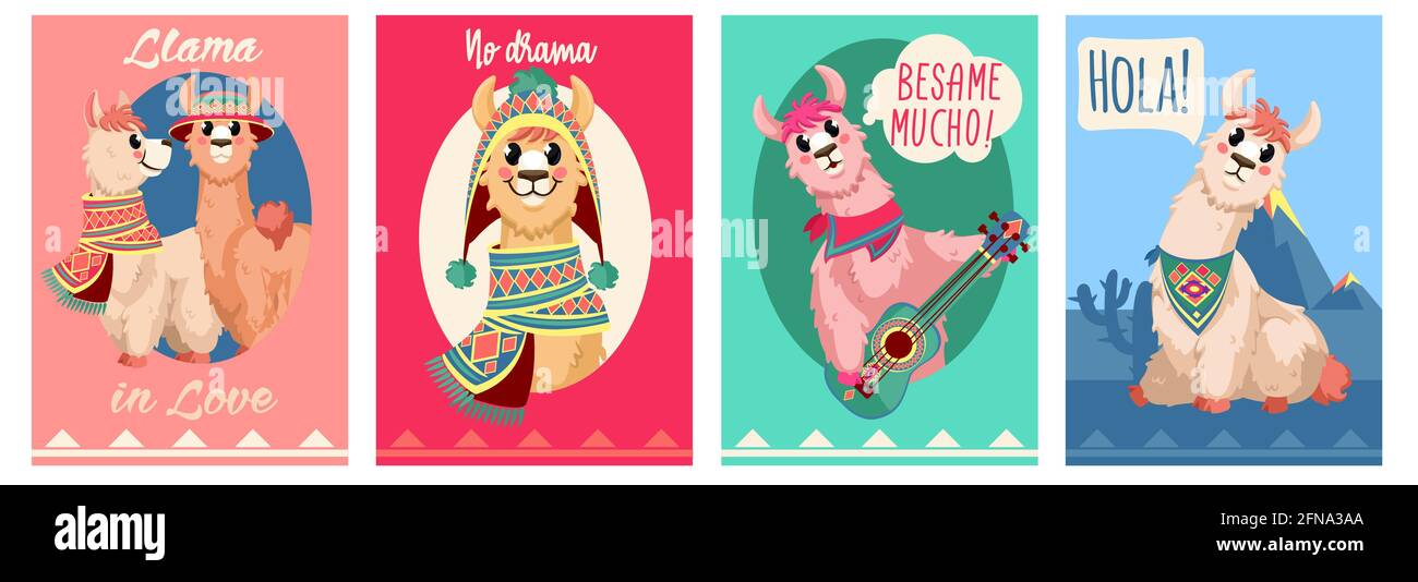 Llama card. Funny alpaca design with motivational trendy quotes. Lama in peruvian clothes party invitation cards vector templates. Wildlife animal characters in hat and scarf, musical instrument Stock Vector Image & Art - Llama card. Funny alpaca design with motivational trendy quotes. Lama in peruvian clothes party invitation cards vector templates. Wildlife animal characters in hat and scarf, musical instrument Stock Vector Image & Art -