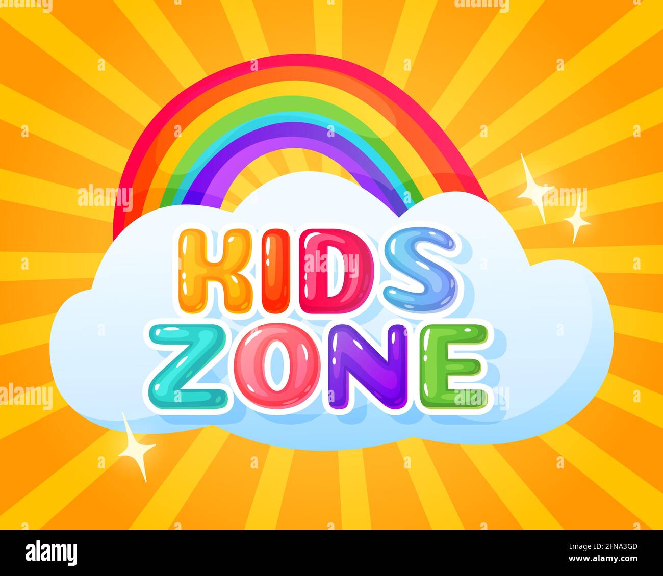 Kids zone logo. Playroom banner with cute rainbow and cloud. Children