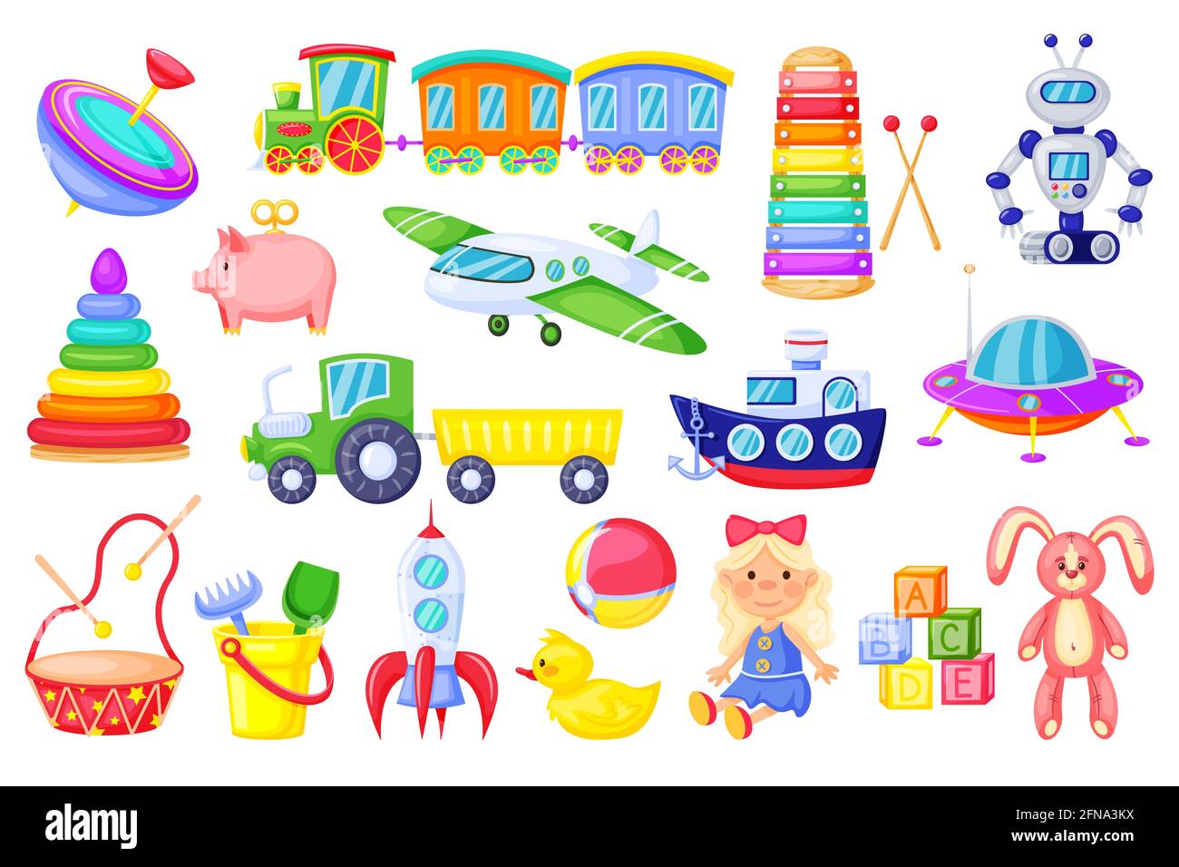 Kids toys. Cartoon rocket, ship, train, cute girl doll, duck, plush bunny, alphabet cubes. Colorful plastic toy for toddlers vector set isolated on white. Objects for children and babies to play Stock Vector