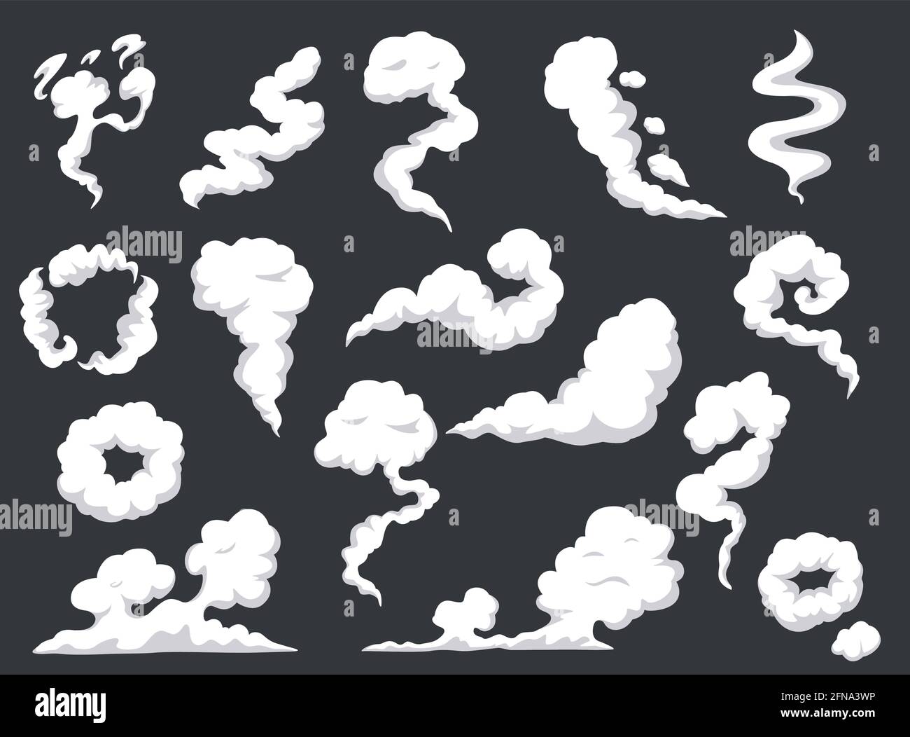 Cartoon smoke. Comic steam cloud, mist, smog. Gas fumes blast, explosion  dust. Fog and clouds burst,