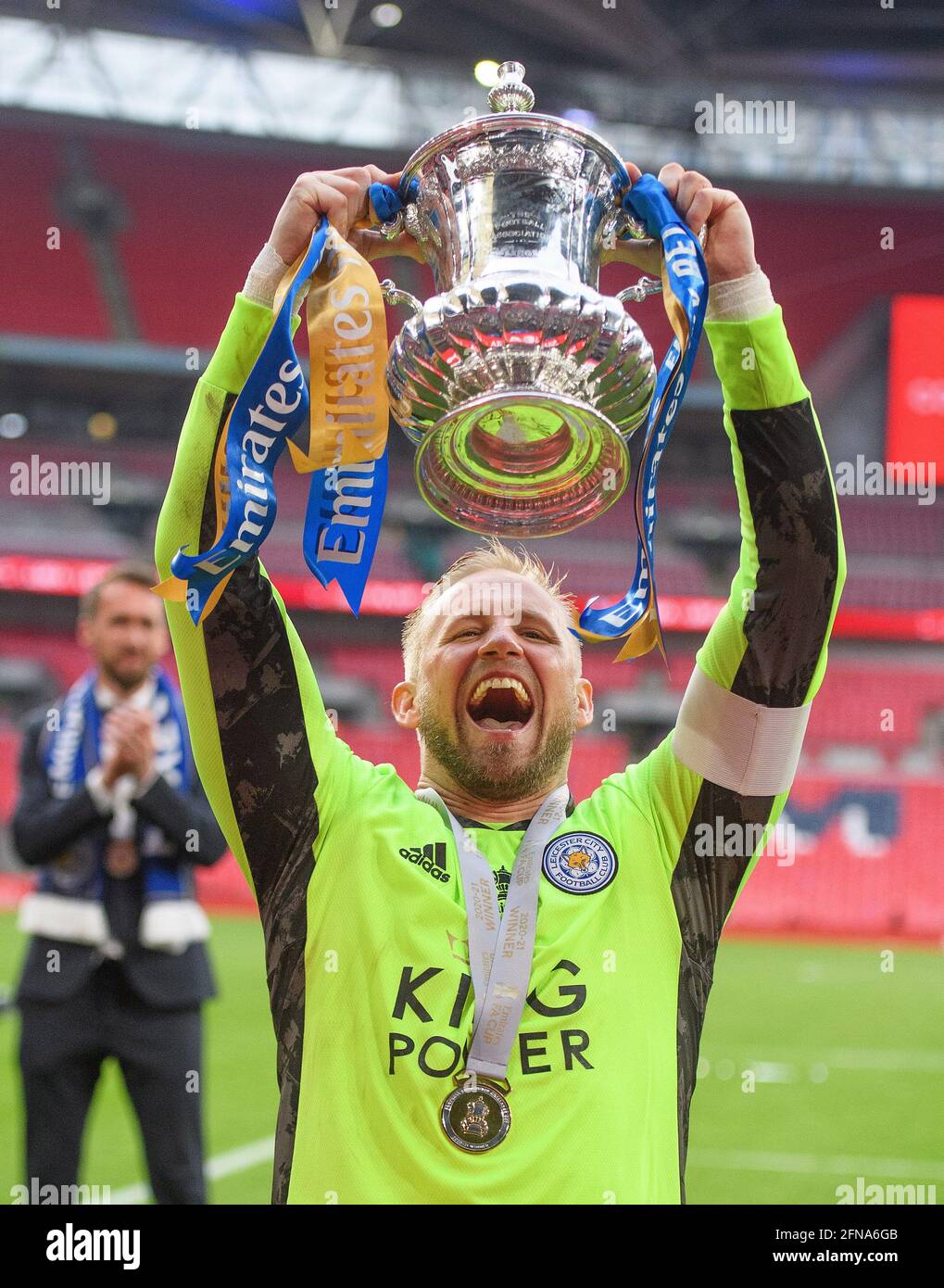 London, UK. 15th May, 2021. Kasper Schmeichel celebrates winning the FA Cup  at Wembley against Chelsea Picture Credit : Credit: Mark Pain/Alamy Live  News Stock Photo - Alamy