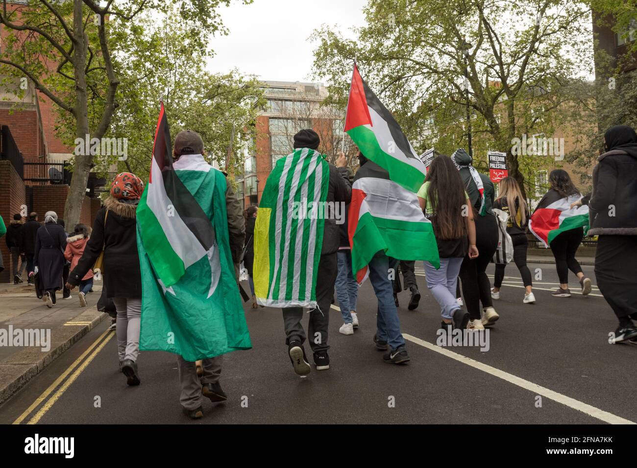 Protestors hold flags during the Free Palestine march.People held a