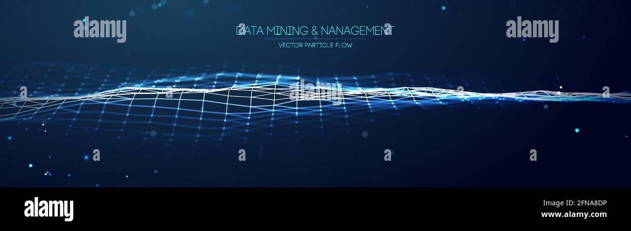 Data mining and management. Flow banner data transfer science illustration. Finance concept business software blue technology background. Digital Stock Vector