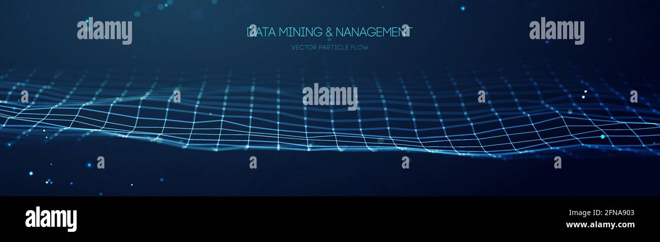 Blue technology background. Data mining and management. Flow banner data transfer science illustration. Finance concept business software . Digital Stock Vector