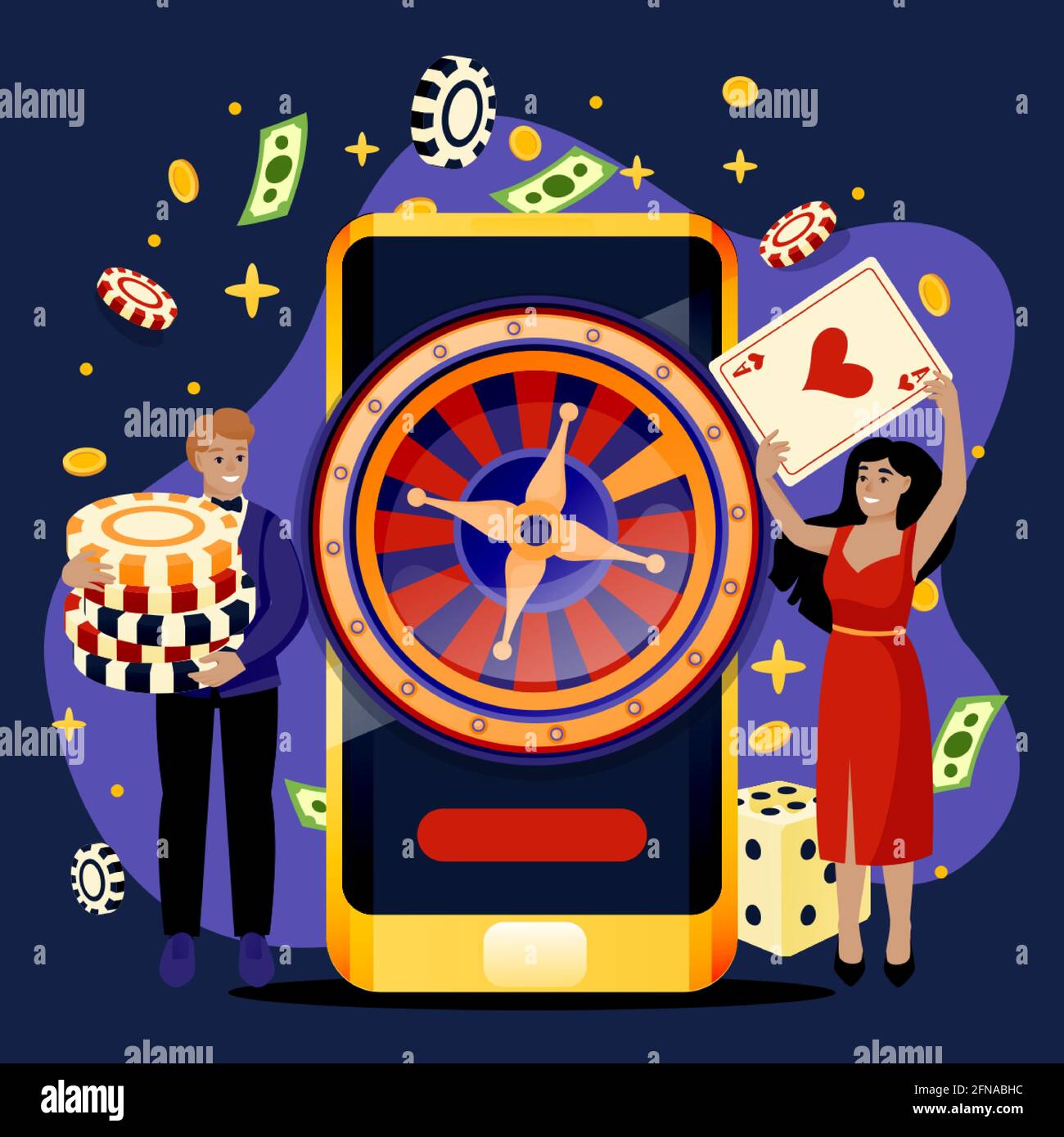 Online casino roulette and gambling games concept. Cheerful couple with poker chips and cards. Vector flat cartoon characters illustration. Man and wo Stock Vector
