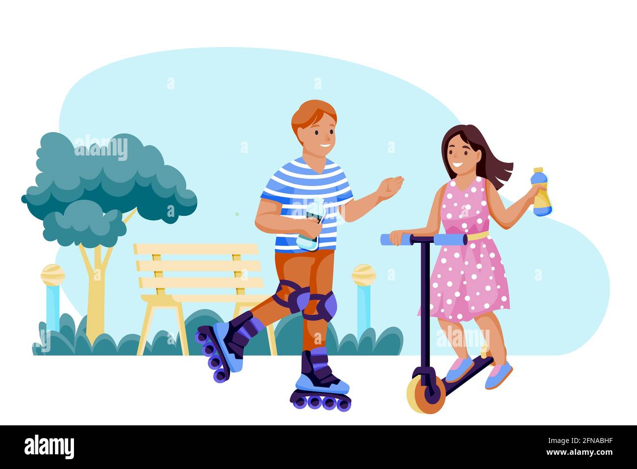 Boy and girl rollerblading and scooter in park and drink water. Vector flat cartoon characters illustration. Happy kids with lemonade bottles in hands Stock Vector