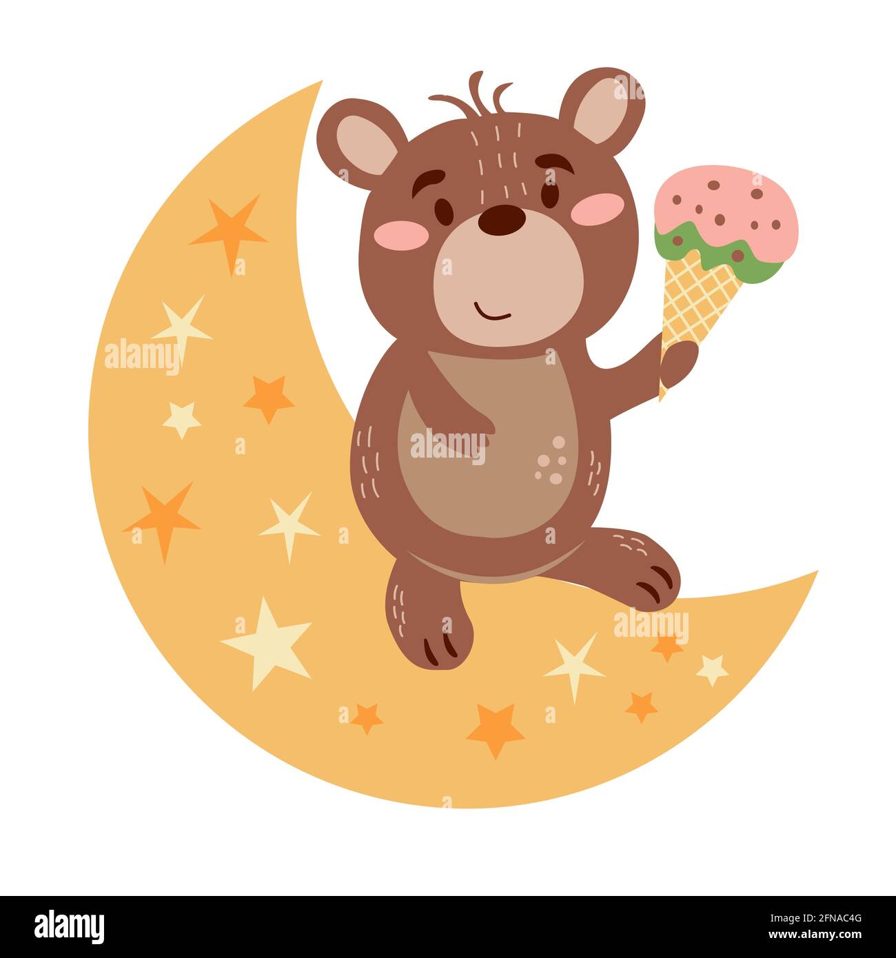 Image with cute cartoon bear with ice cream on the moon. Vector graphics on a white background. For the design of posters, postcards, notebook covers Stock Vector