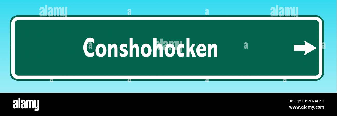 A graphic illlustration of an American road sign pointing to Conshohocken Stock Photo