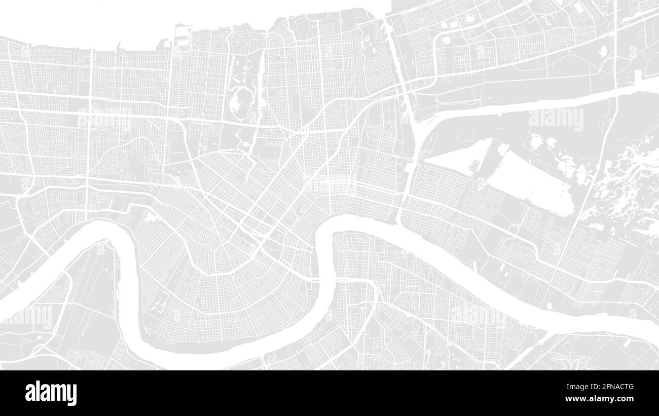 White and light grey New Orleans city area vector background map, streets and water cartography illustration. Widescreen proportion, digital flat desi Stock Vector