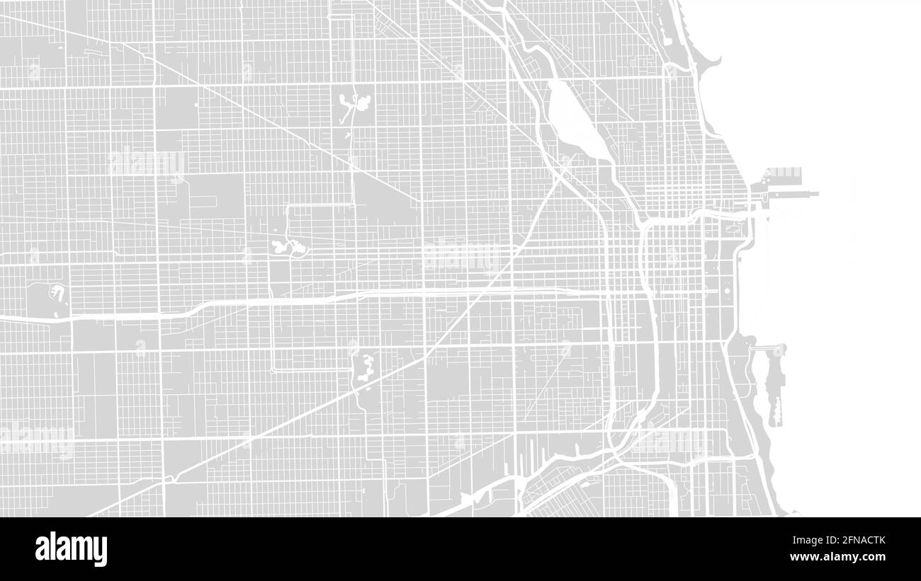 White grey Chicago city area vector background map, streets and water cartography illustration. Widescreen proportion, digital flat design streetmap. Stock Vector