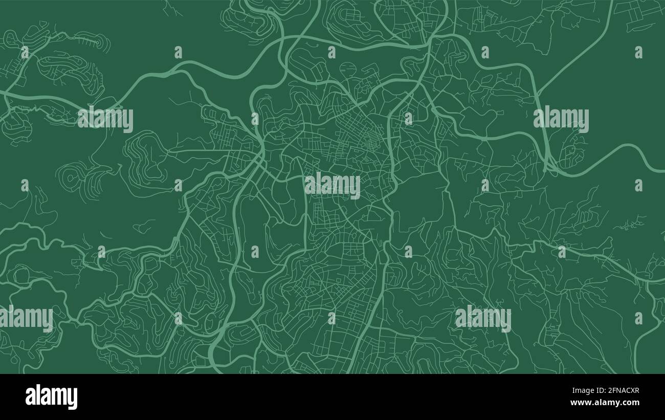 Dark green Jerusalem city area vector background map, streets and water cartography illustration. Widescreen proportion, digital flat design streetmap Stock Vector