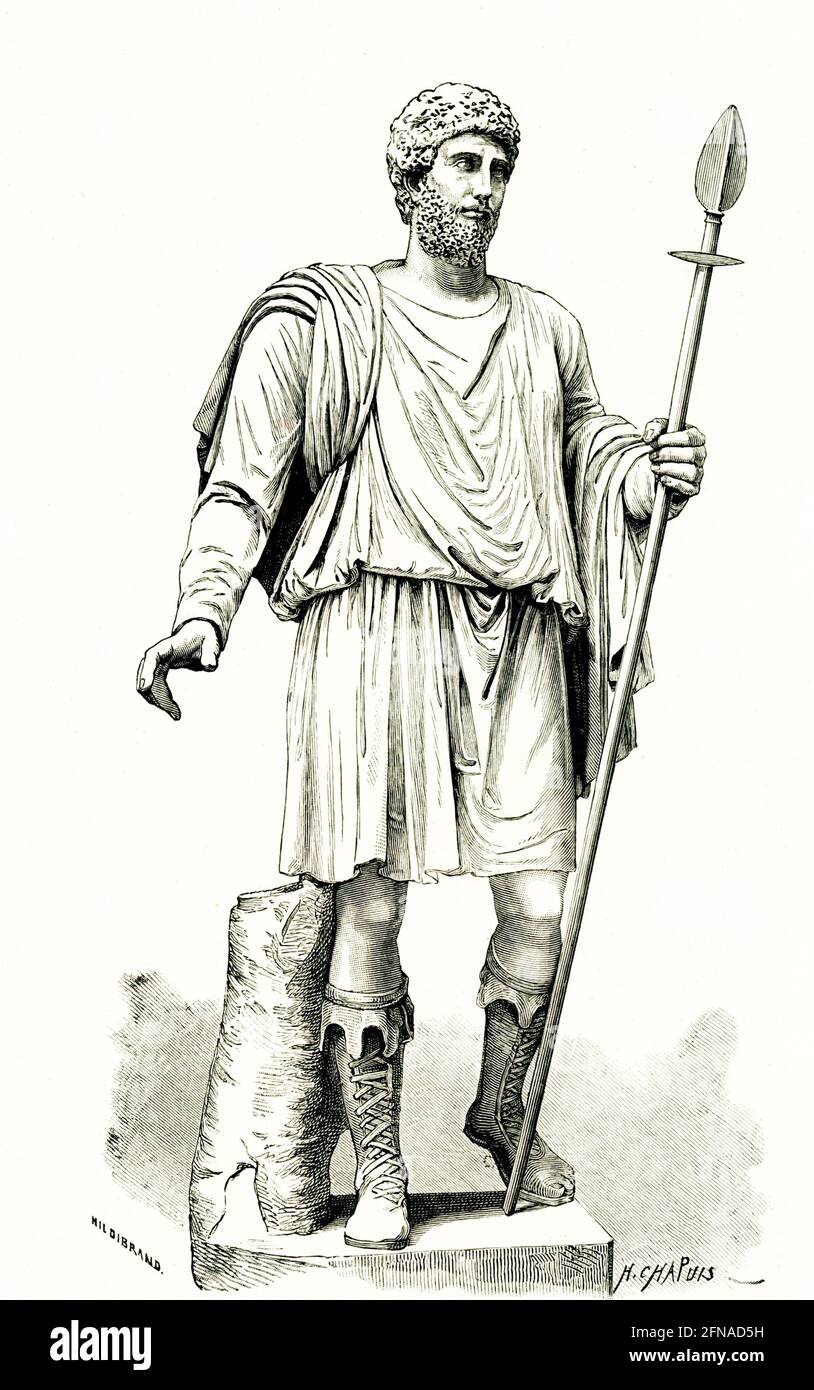 The 1884 caption reads: “Commodus in hunting costume—statue of Pentelic marble at Vatican Braccio Nuovo (New Wing in Vatican Museum).” Commodus was Roman emperor jointly with his father Marcus Aurelius from 176 until his father's death in 180, and solely until 192. His reign is commonly considered to mark the end of the golden period of peace in the history of the Roman Empire known as the Pax Romana. Stock Photo